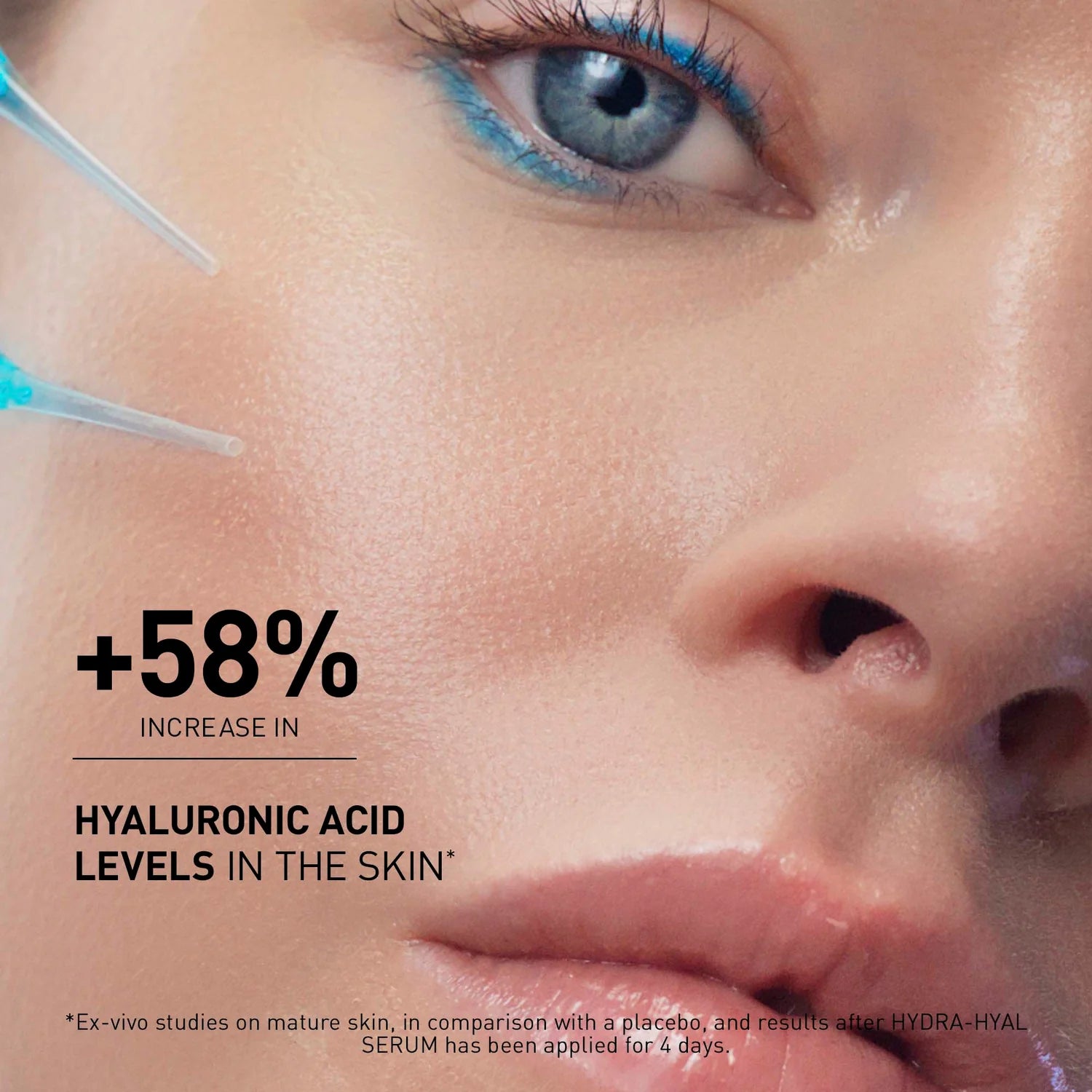 Close-up of a person's eye with text highlighting increased hyaluronic acid levels in the skin.