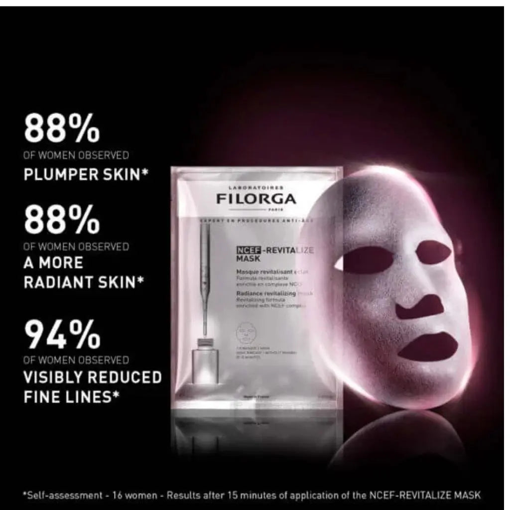 Filorga NCEF-Revitalize mask packaging with promotional text on a dark background