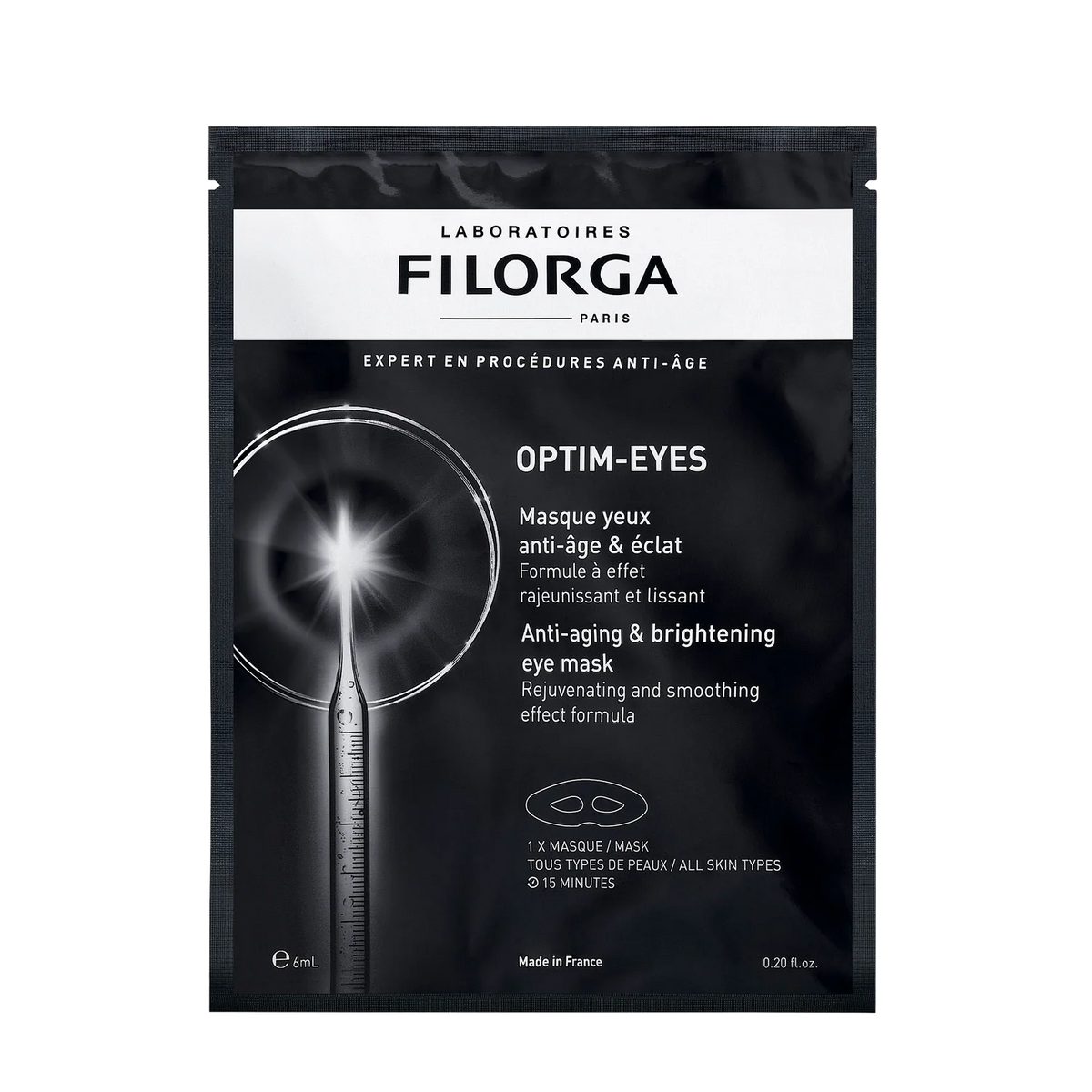 Filorga Optim-Eyes anti-aging and brightening eye mask packaging on a white background
