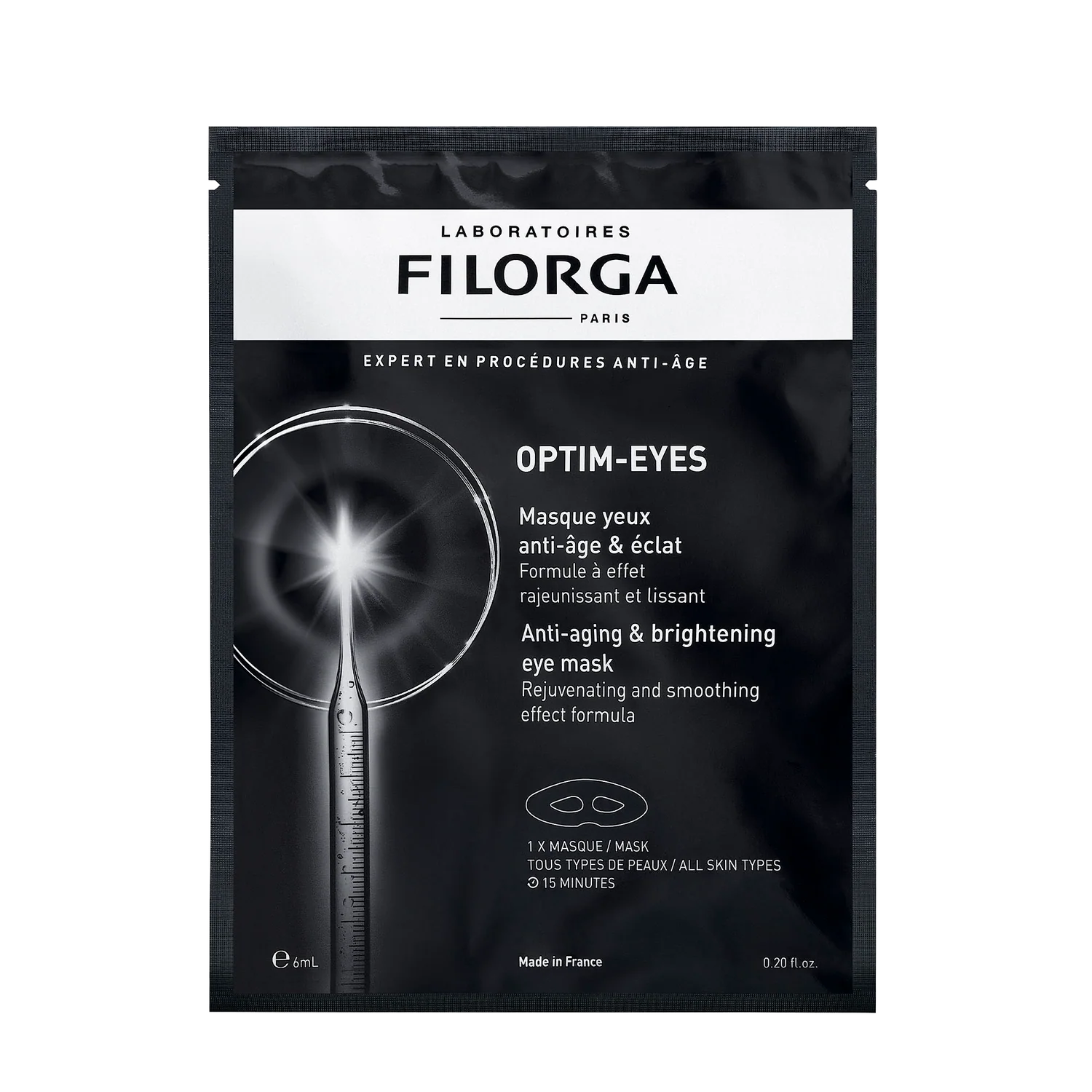 Filorga Optim-Eyes anti-aging and brightening eye mask packaging on a white background