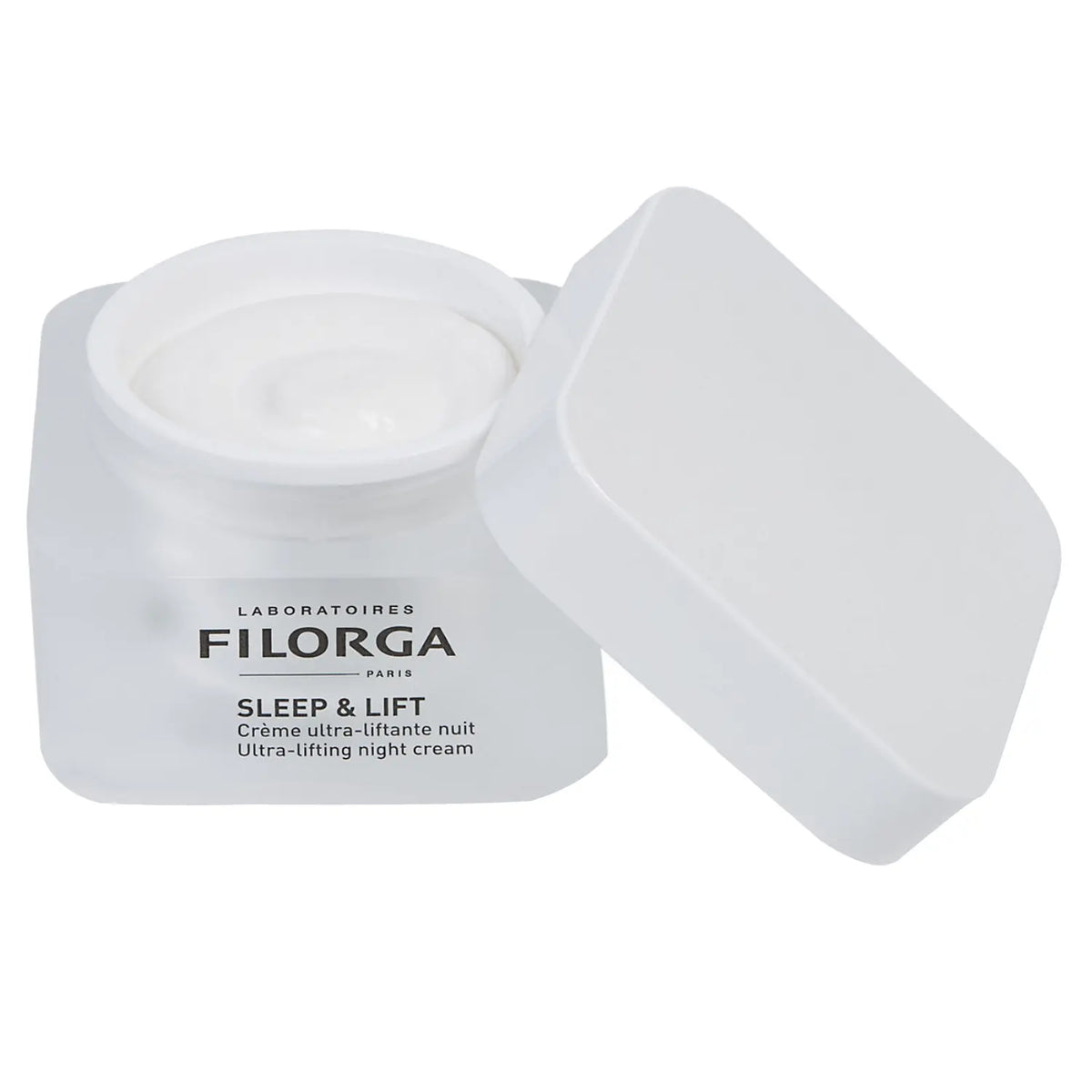 Open jar of Filorga Sleep & Lift cream on a white background