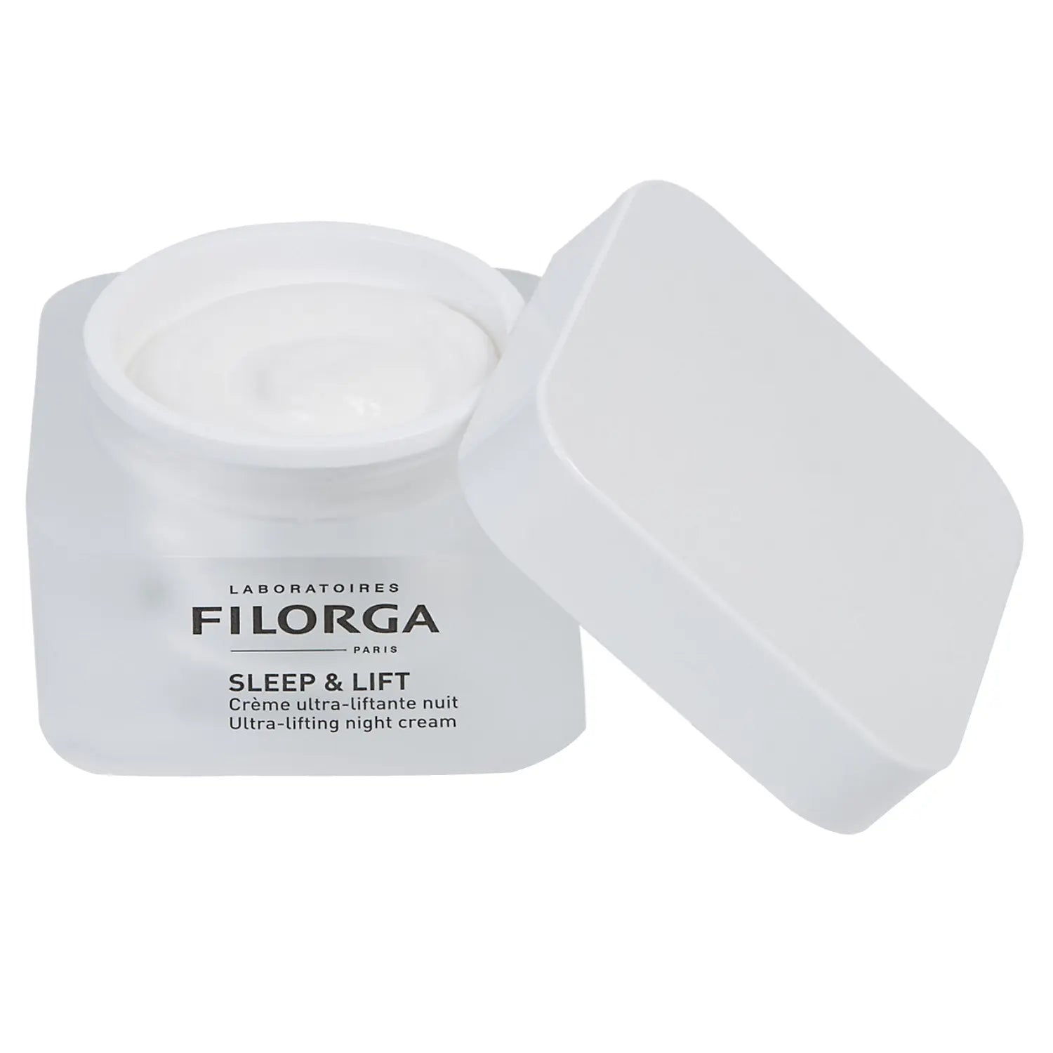 Open jar of Filorga Sleep & Lift cream on a white background
