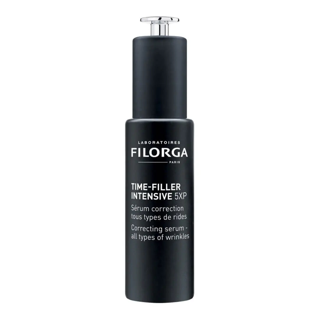 Black serum bottle with Filorga branding on a white background