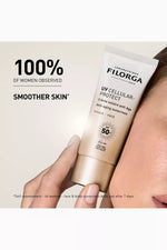 Filorga sunscreen tube held by a hand with promotional text about smoother skin.