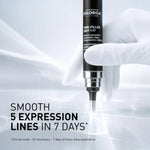 Filorga serum being injected into skin with text about expression lines reduction.