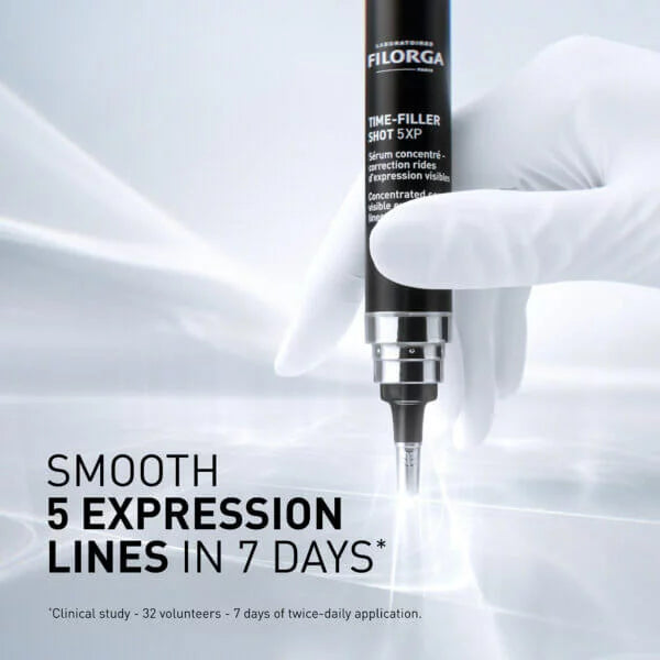 Filorga serum being injected into skin with text about expression lines reduction.