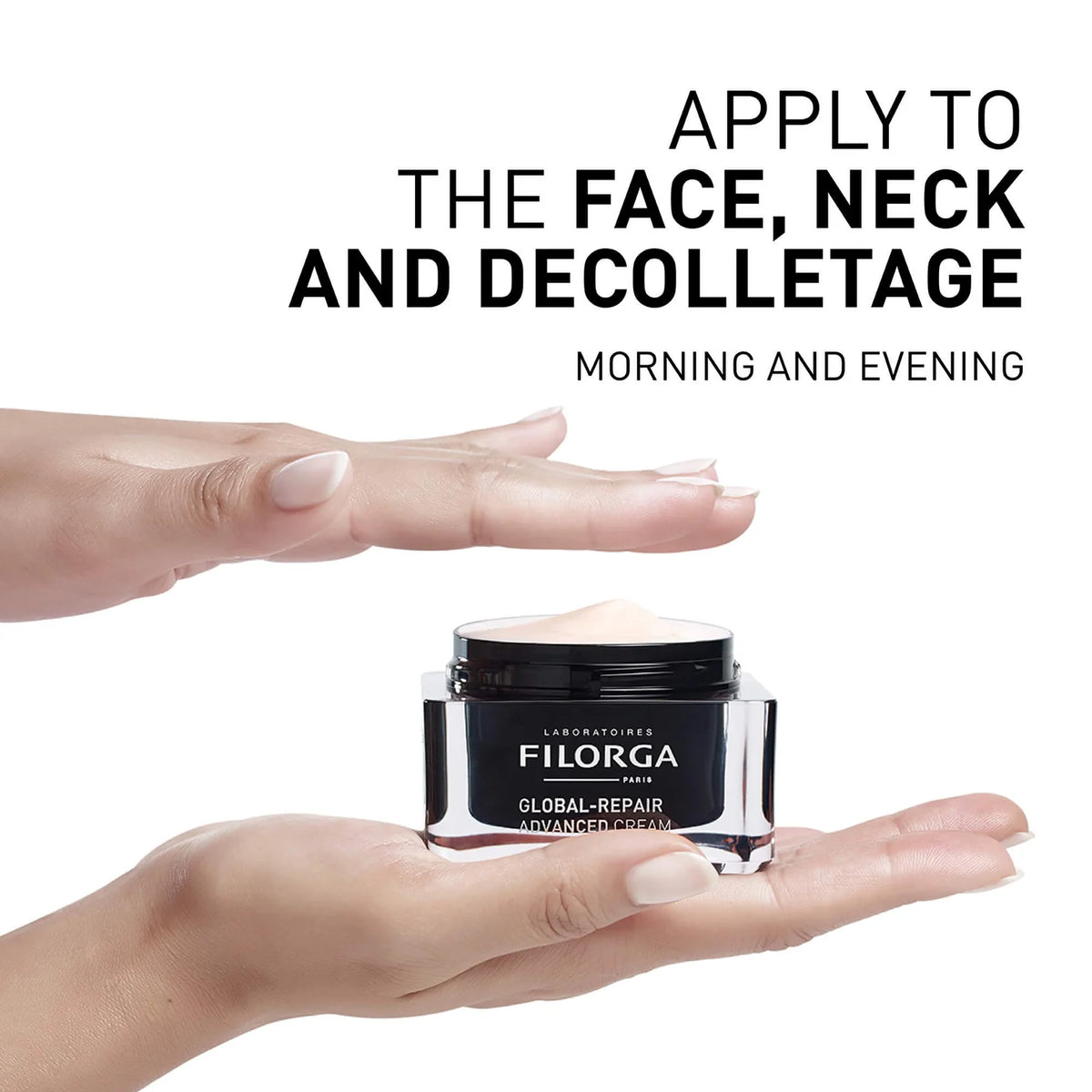 Filorga Global Repair Advanced Cream being applied to a hand with text on a white background