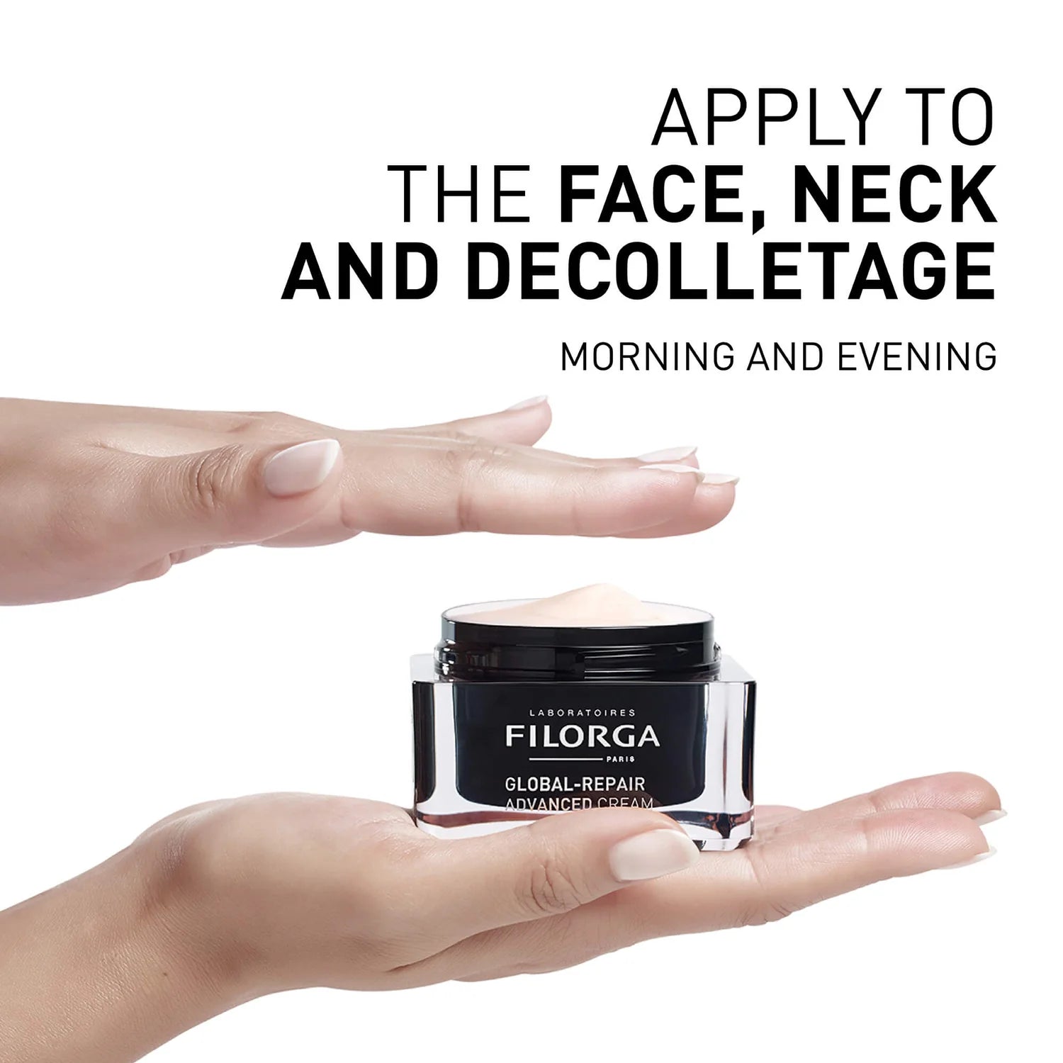 Filorga Global Repair Advanced Cream being applied to a hand with text on a white background