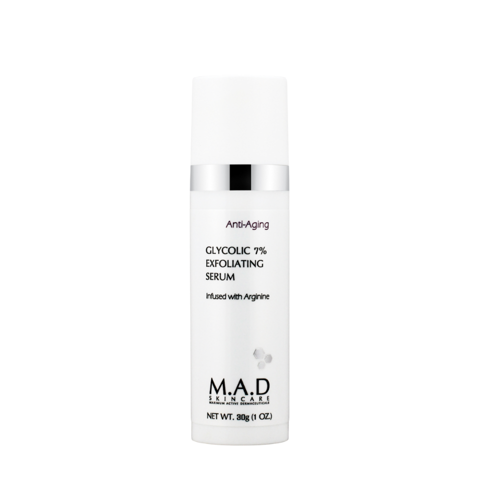 MAD Skincare Glycolic 7% Exfoliating Serum bottle on a white background