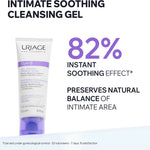 A tube of Uriage Eau Thérale Gyn-8 Intimate Soothing Cleansing Gel shown on a white background with promotional text highlighting an 82% instant soothing effect.