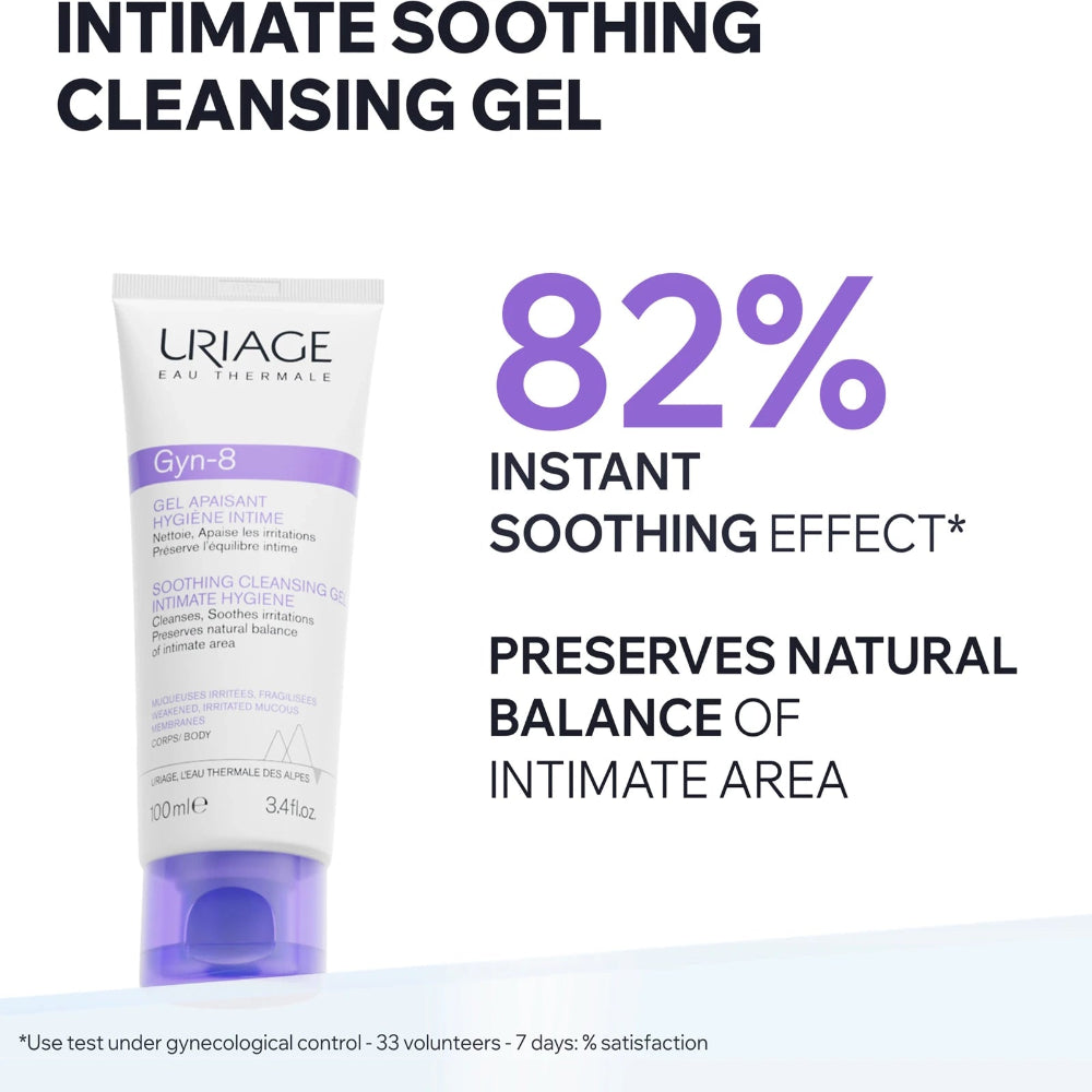A tube of Uriage Eau Thérale Gyn-8 Intimate Soothing Cleansing Gel shown on a white background with promotional text highlighting an 82% instant soothing effect.