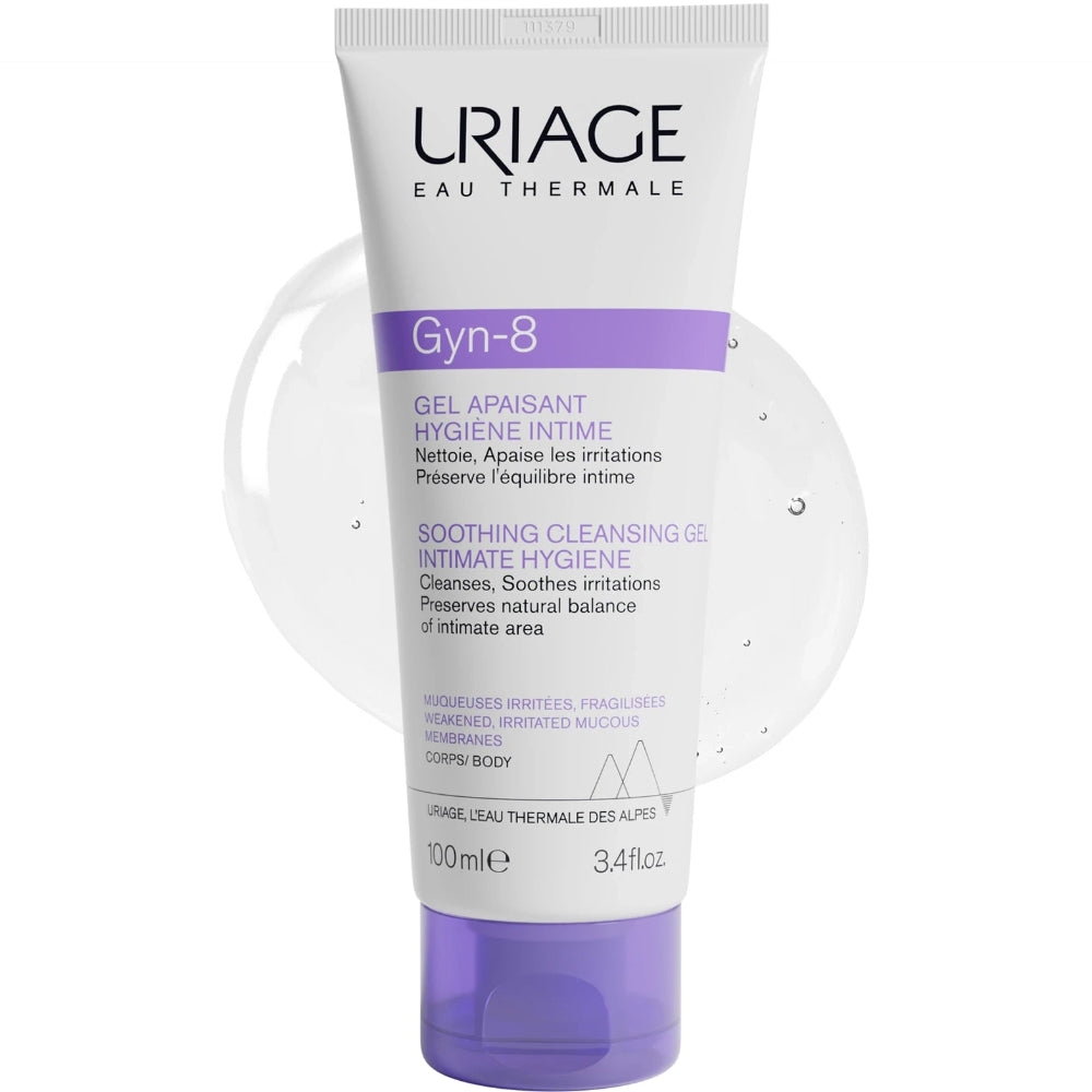 A 100ml squeeze tube of URIAGE Gyn-8 Soothing Cleansing Gel on a white background with a translucent water droplet graphic behind it.