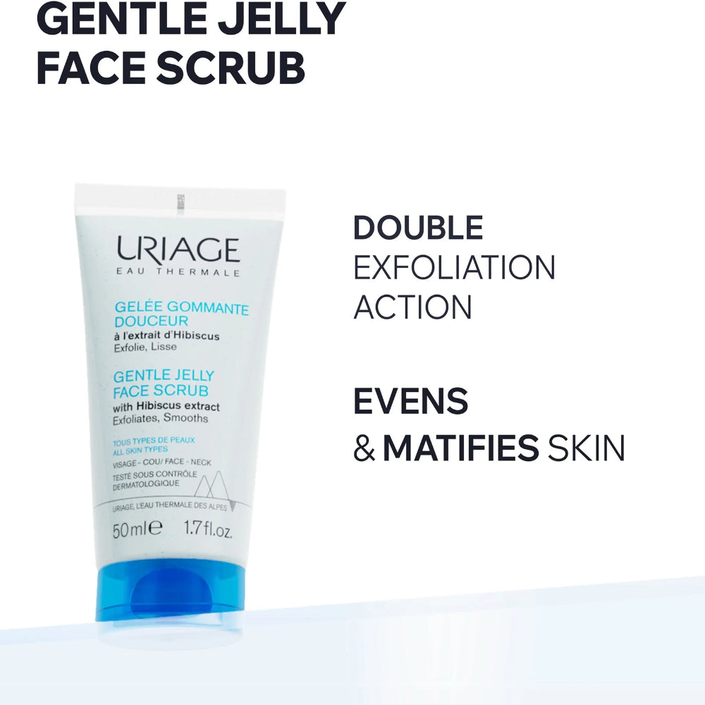 A 50 ml tube of Uriage Gentle Jelly Face Scrub with Hibiscus extract, shown on a clean white background with promotional text highlighting its double exfoliation action and skin-matifying benefits.