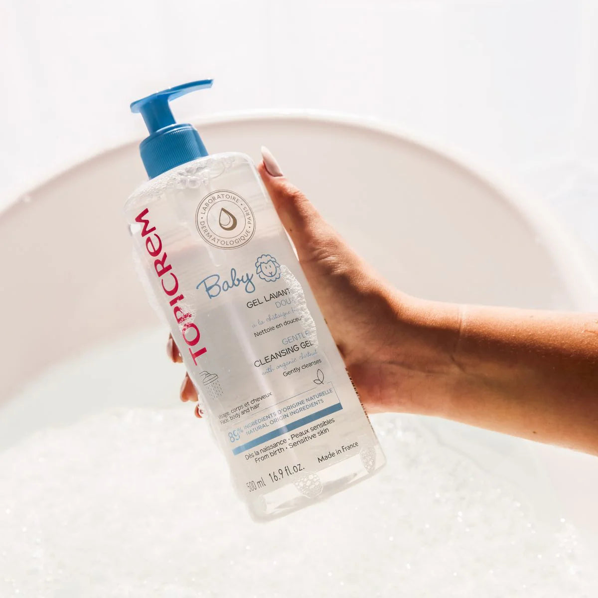 Gentle soap-free baby cleansing gel by Topicrem for sensitive skin.