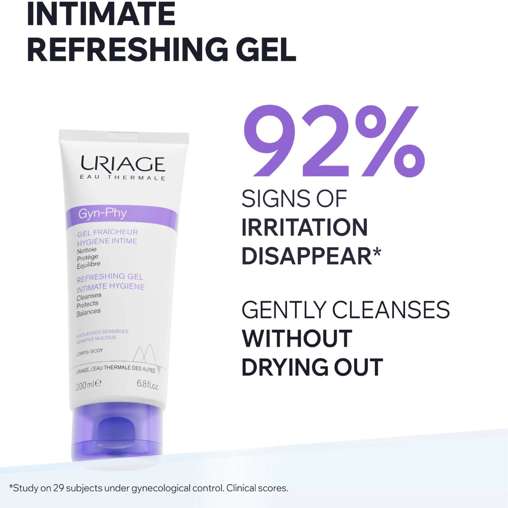A tube of Uriage Eau Thermale Intimate Refreshing Gel shown on a white background with promotional text reading '92% signs of irritation disappear' and 'gently cleanses without drying out.'.