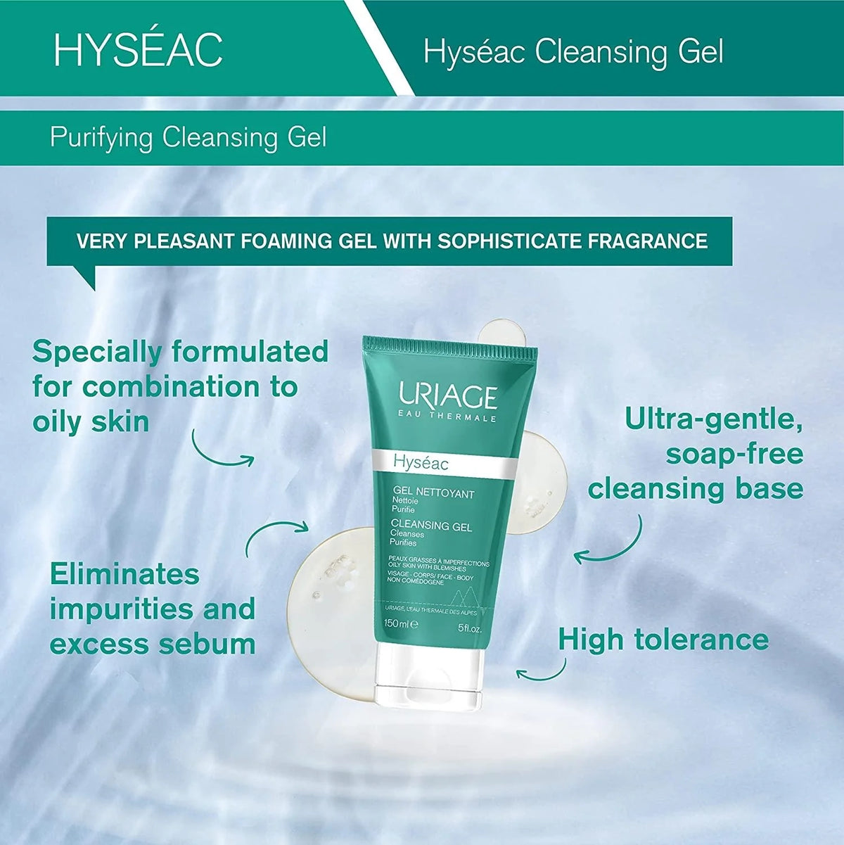 Hyséac cleansing gel packaging with product details on a blue background