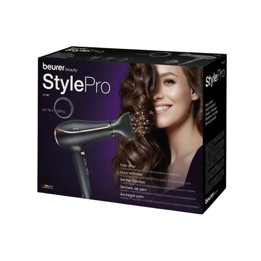 Beurer StylePro hair styling device packaging with a woman using the device.