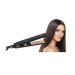 Hair straightener with a woman having straight hair on a white background