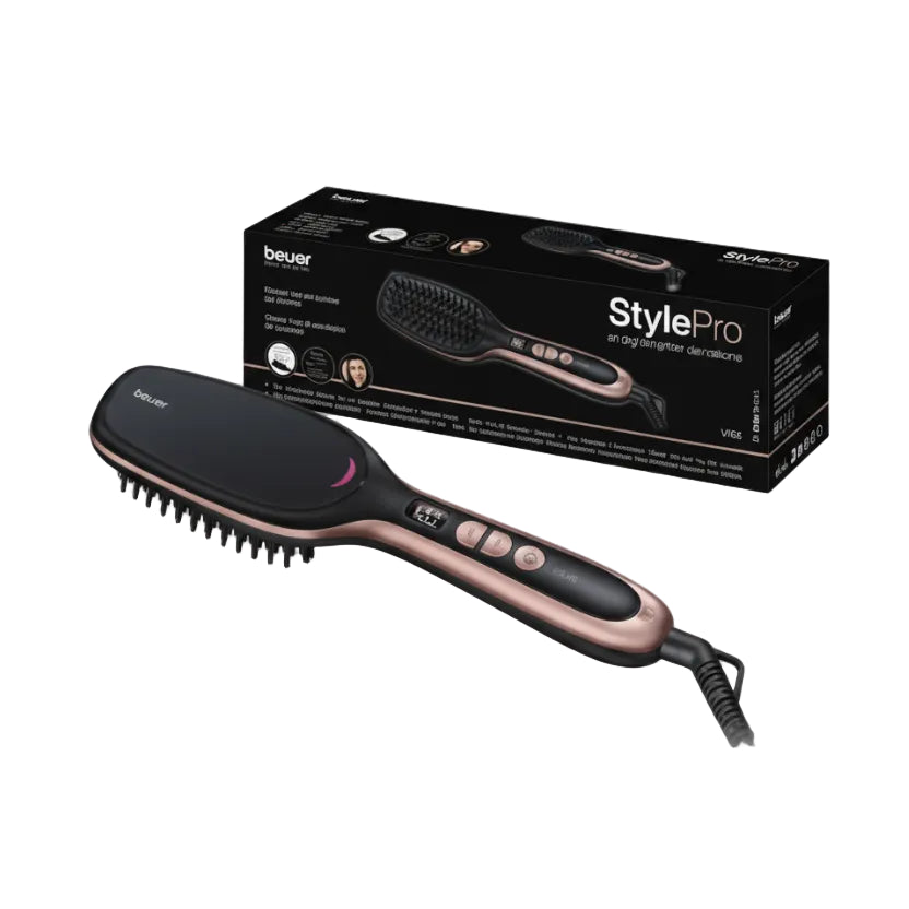 Hair straightening brush with packaging on a white background