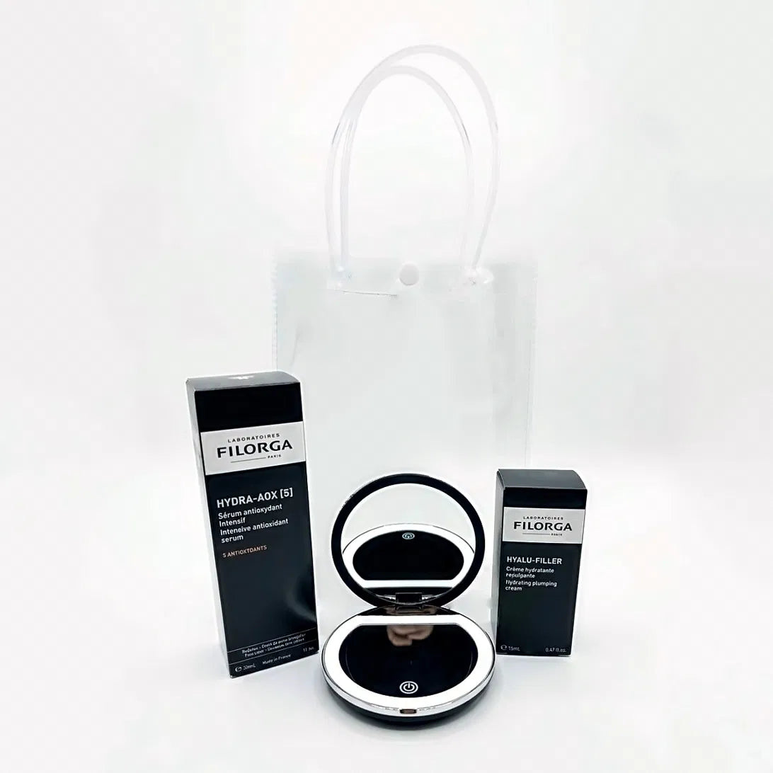 Filorga Hydra-AOX [5] antioxidant serum and Hyalu-Filler plumping cream 15 ml with a black LED compact mirror and clear gift bag