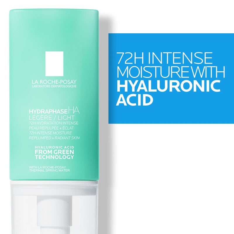 La Roche-Posay Hydraphase cream with text highlighting hyaluronic acid on a white background