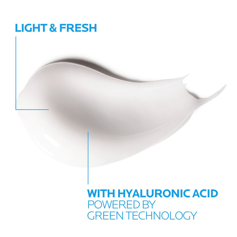 White cream swatch with text about hyaluronic acid and green technology on a light background