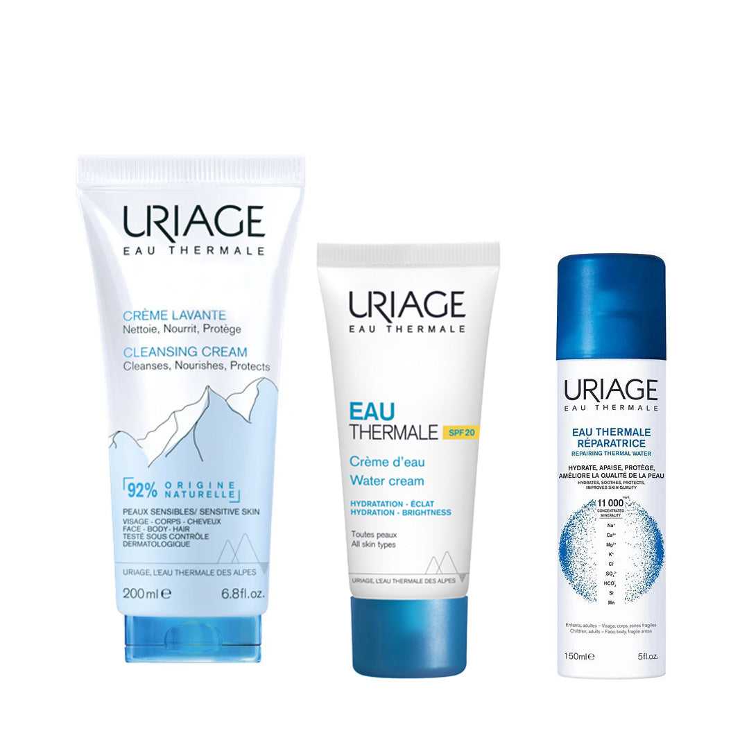 Three Uriage skincare products on a white background