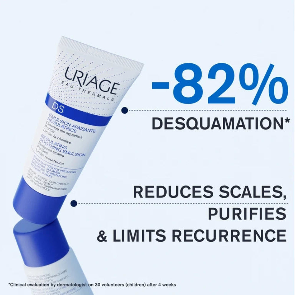 Uriage DS emollient cream tube with text highlighting its benefits on a white background