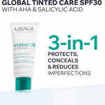 A tube of URIAGE Hyseac 3-Regul Hyseac 3-Regul Global Tinted Care SPF30 with AHA & Salicylic Acid, featuring a white tube with a teal cap, set against a white background with promotional text.