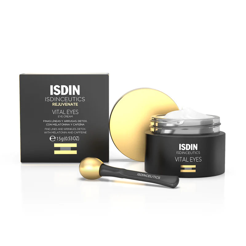 ISDIN skincare product with packaging and applicator on a white background