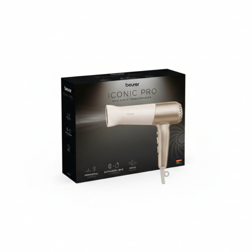 Beurer Iconic Pro hair dryer packaging on a white background