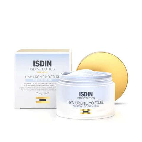 ISDIN skincare product with jar, box, and gold disc on a white background