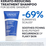 A blue tube of Uriage DS Hair kerato-reducing treatment shampoo for severe dandruff, shown on a white background with promotional text including '-69% eliminates scales' and 'soothing itching & helps fight recurrence of flaky skin'.
