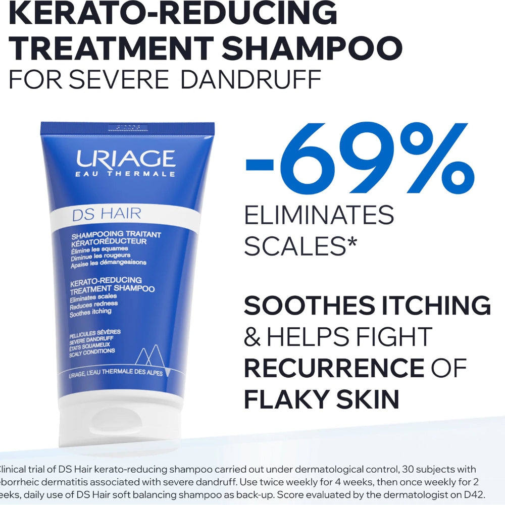 A blue tube of Uriage DS Hair kerato-reducing treatment shampoo for severe dandruff, shown on a white background with promotional text including '-69% eliminates scales' and 'soothing itching & helps fight recurrence of flaky skin'.
