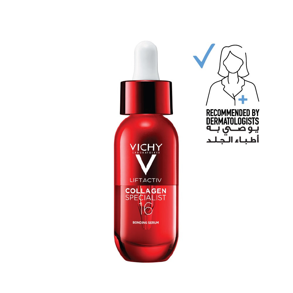 Vichy LiftActiv Collagen Specialist serum bottle with dropper on a white background