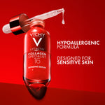 Vichy Liftactiv Collagen Specialist 16 serum bottle with dropper on a red background