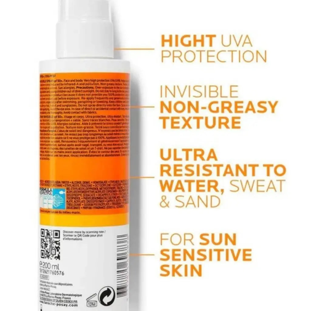 La Roche-Posay SPF50+ water-resistant body sunscreen spray with no white marks