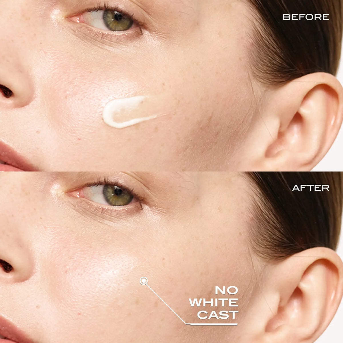 Before and after comparison of a woman's face with a focus on skin texture and white cast removal.