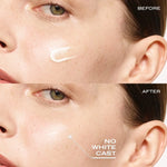 Before and after comparison of a woman's face with a focus on skin texture and white cast removal.