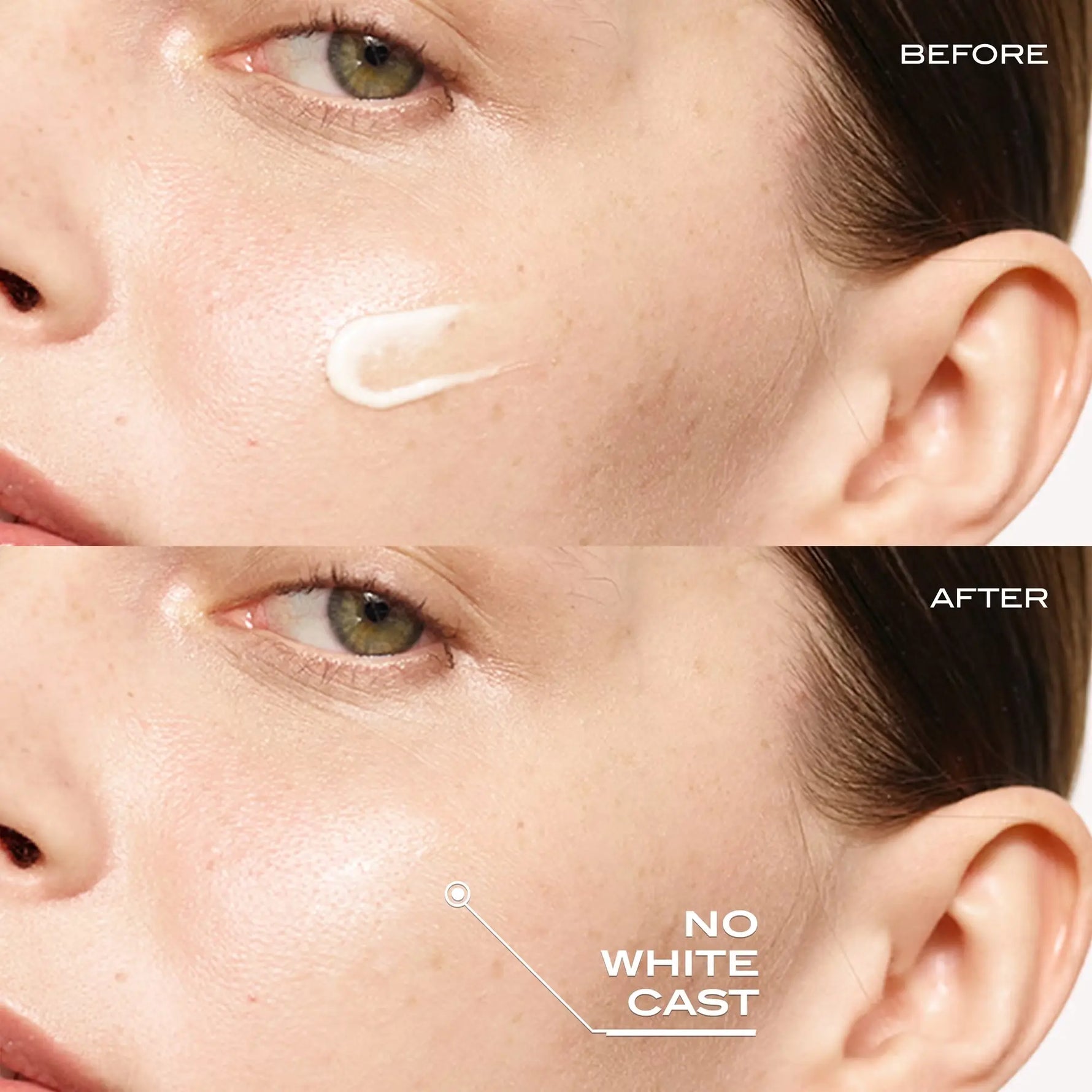 Before and after comparison of a woman's face with a focus on skin texture and white cast removal.