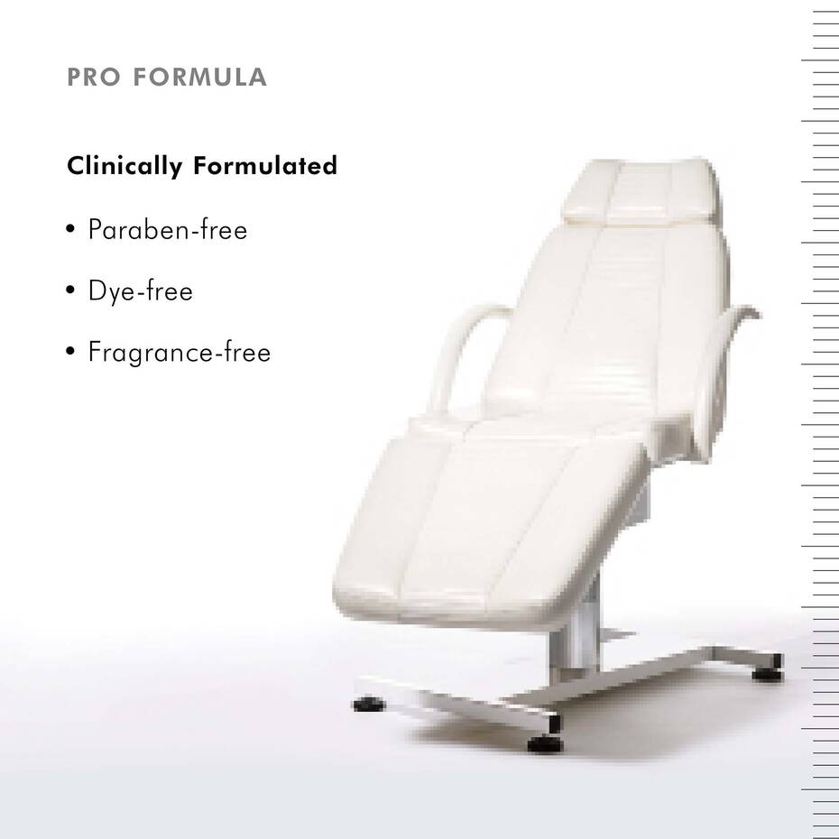 White treatment chair with 'Pro Formula' text and product features on a white background