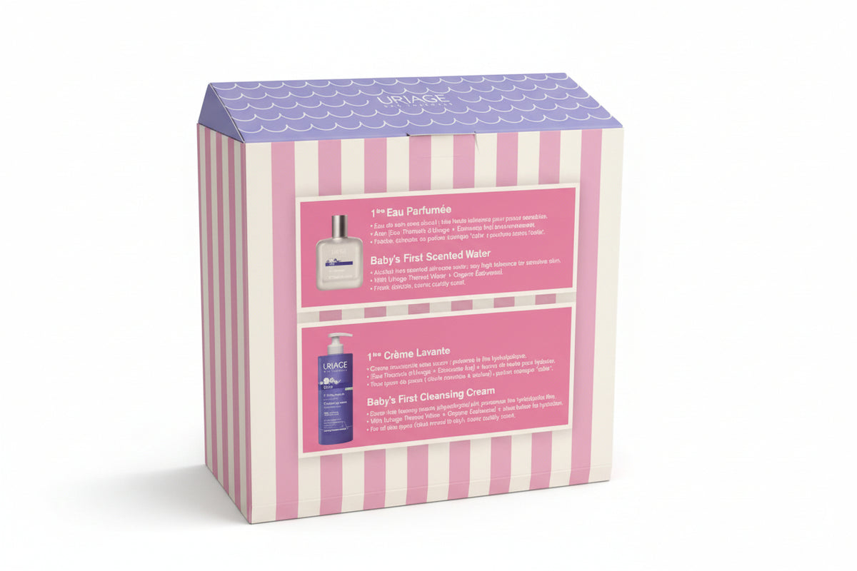 Uriage baby product set packaging with striped design