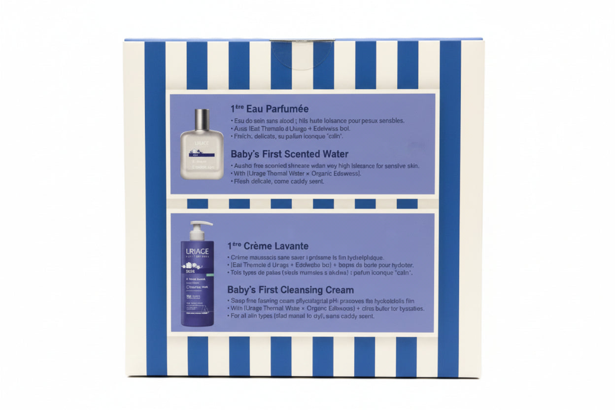 Box of Uriage baby products with blue and white striped design