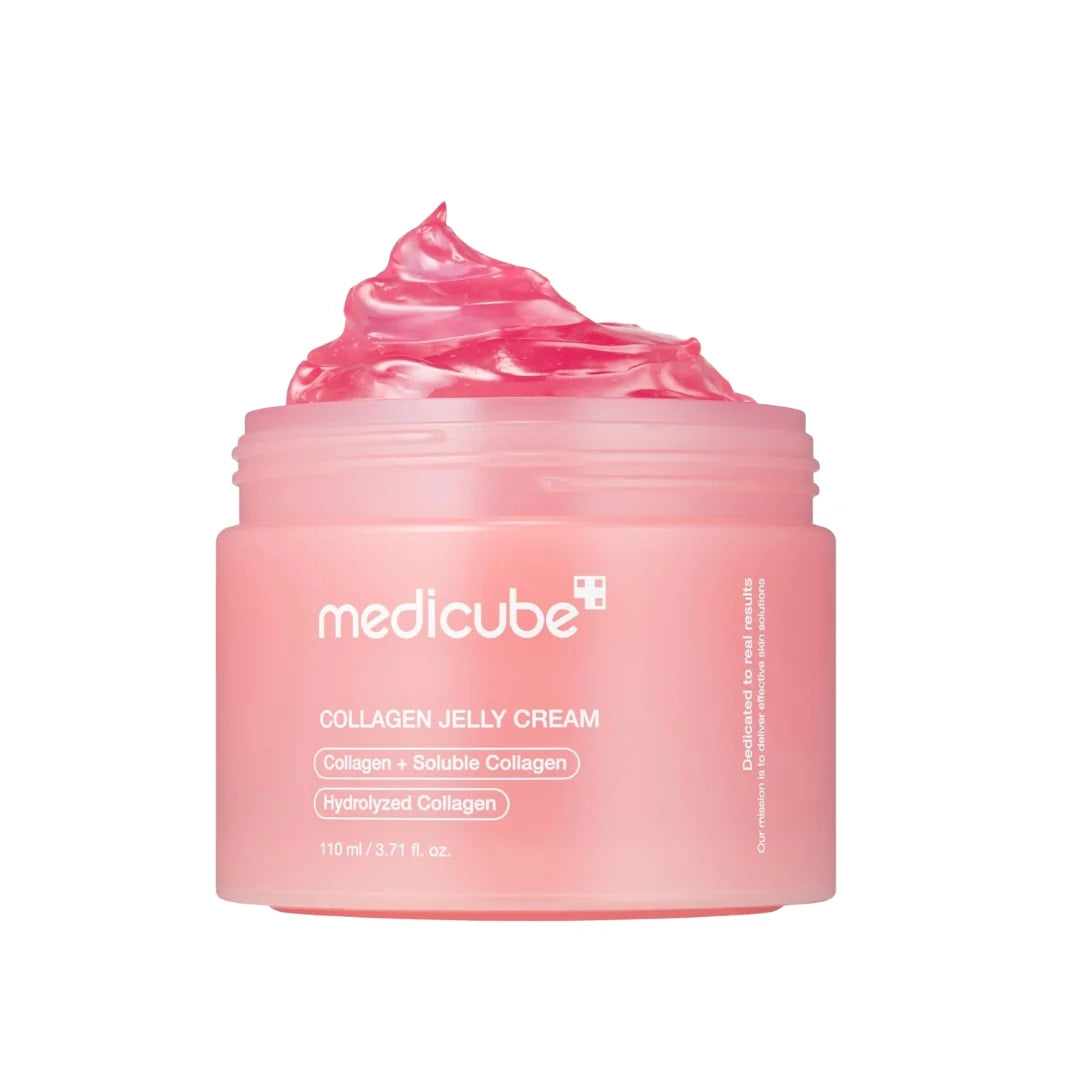  Medicube Collagen Jelly Cream 110ml, open jar with pink jelly texture