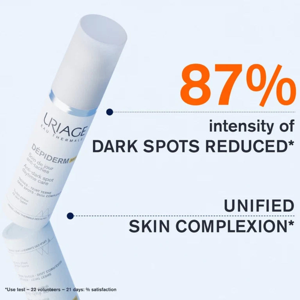 A cosmetic tube labeled URIACE DEPIDERM is shown on a pale blue background with large orange and black marketing text reading '87% intensity of dark spots reduced' and 'unified skin complexion'.