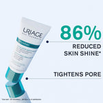 A tube of Uriage Eau Thermale Hygacé Mat matifying emulsion shown on a pale blue background with marketing text reading '86% Reduced Skin Shine' and 'Tightens Pore'.