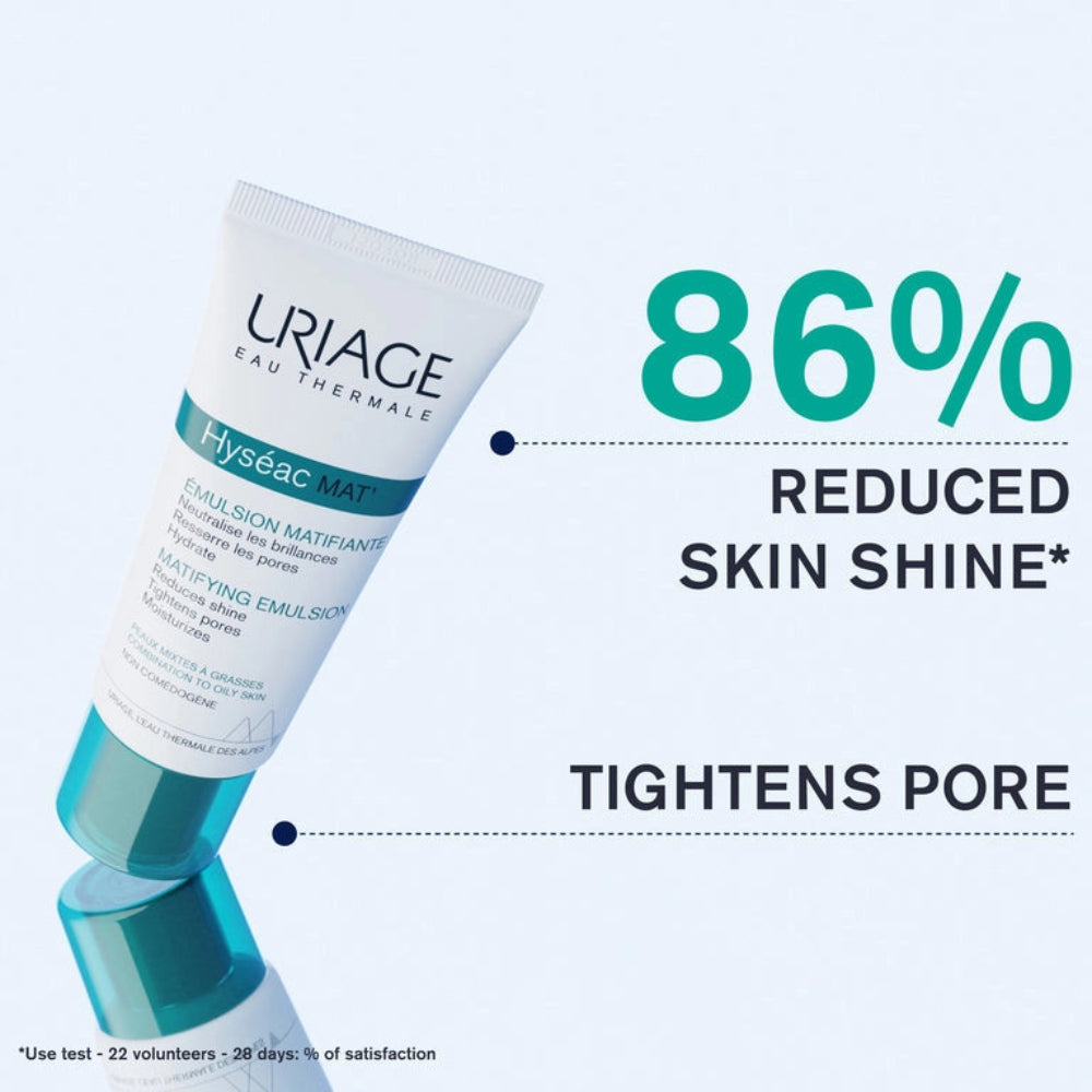 A tube of Uriage Eau Thermale Hygacé Mat matifying emulsion shown on a pale blue background with marketing text reading '86% Reduced Skin Shine' and 'Tightens Pore'.
