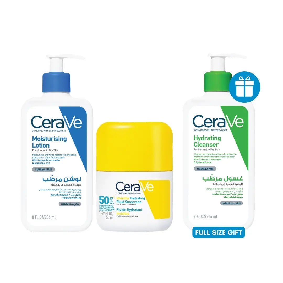 Three CeraVe skincare products on a white background: a Moisturising Lotion bottle with a blue pump, a Hydrating Cleanser bottle with a green pump and a blue gift icon, and a Moisturizing Cream jar with a yellow lid. A blue 'FULL SIZE GIFT' label appears on the right bottle.