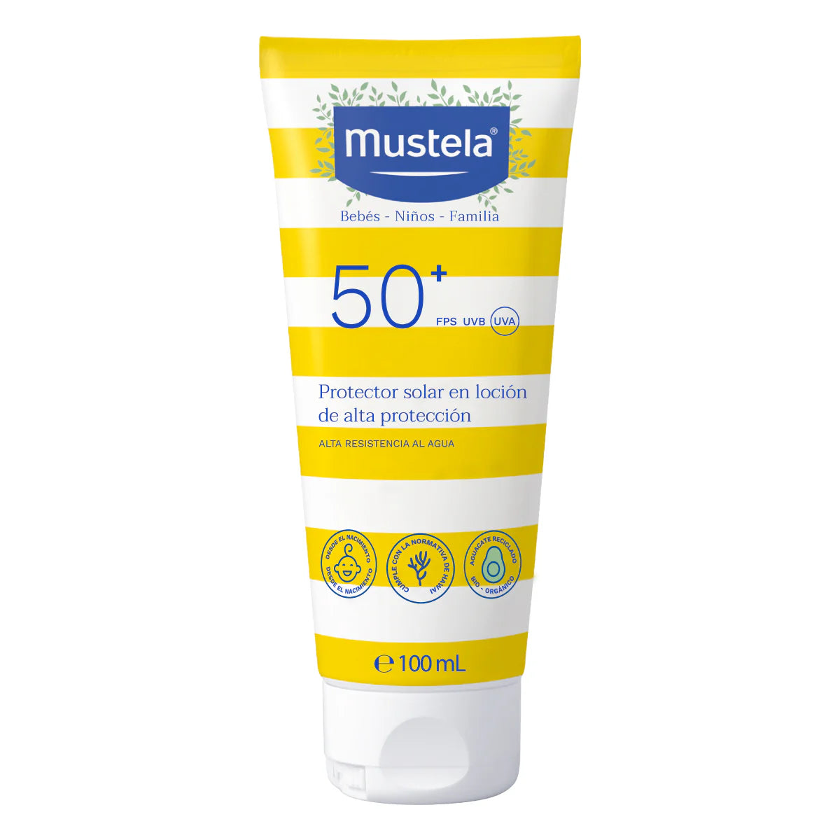 Mustela sunscreen lotion tube with SPF 50+ on a white background 100 ml