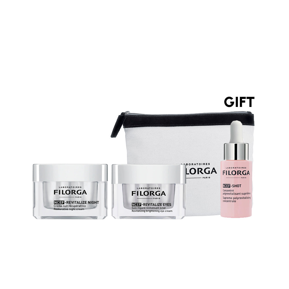 Filorga skincare product set with a pouch labeled 'Gift' on a white background